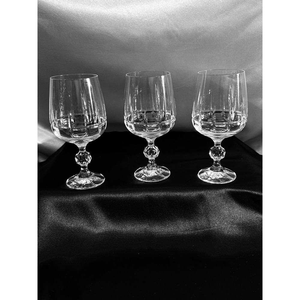 Bohemian Crystal Crystalex Water Goblets Set‎ of 3 Cut Glass Faceted Stem 6 5/8"